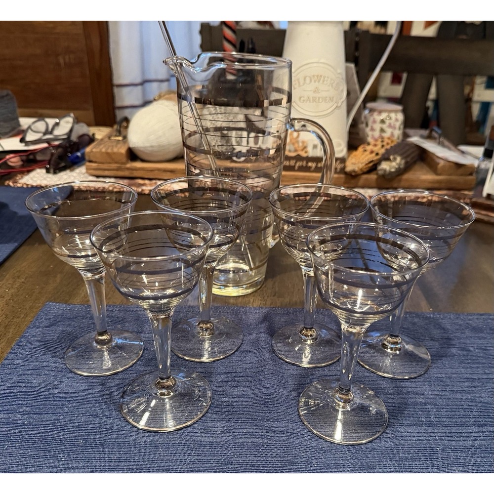 Vtg MCM Metallic Stripe Cocktail Pitcher Glass Stirrer & 6 Stemmed Glasses Set